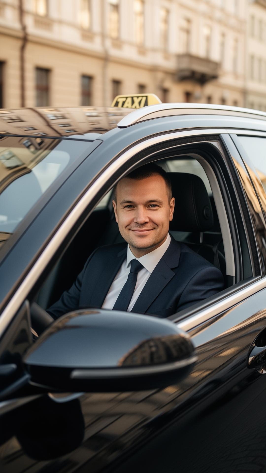 Latvian taxi driver in a black sedan in Rīga