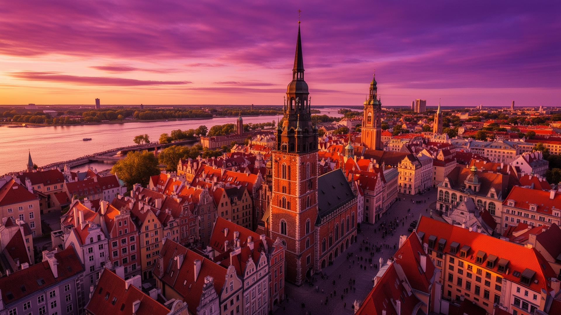 Aerial view of Rīga old town at golden hour