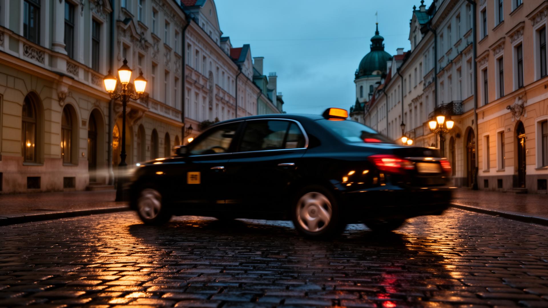 Black taxi on a wet cobblestone street in Rīga at twilight